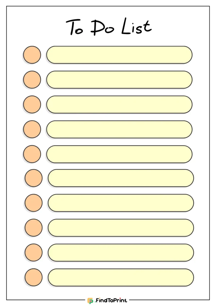 Daily to-do list printable featuring a clean design with yellow task bars and orange circular markers for each task. The title 'To Do List' is displayed at the top in a casual handwritten style. Perfect for organizing daily priorities in a visually simple and effective format.