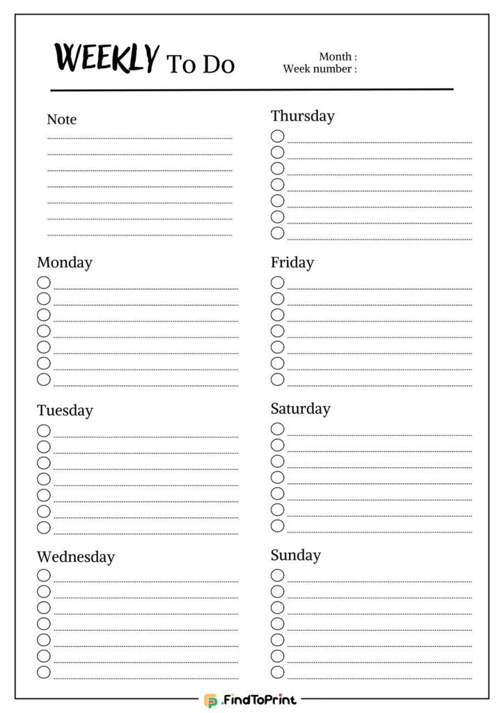 Free printable weekly to-do list with checkboxes, organized by days of the week and featuring a note section. Includes lines for tasks under each day and fields for filling in the month and week number. A functional and straightforward layout for efficient task management.