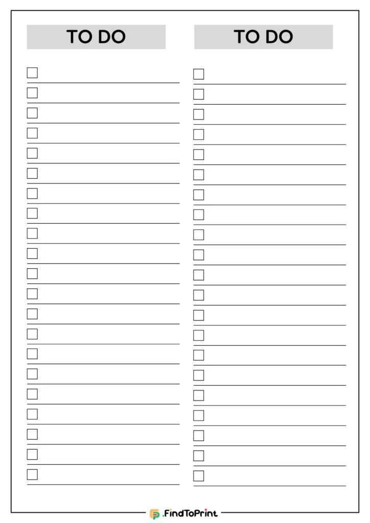 Minimalist free printable to-do list featuring two columns labeled 'TO DO' with checkboxes and lined spaces for tasks. Perfect for organizing daily or weekly tasks in a straightforward and efficient format. Ideal for personal or professional use.