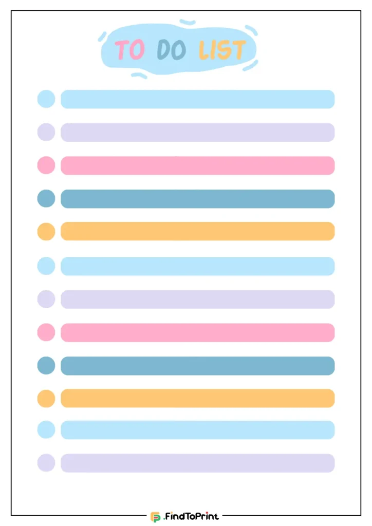 Colorful to-do list template with pastel-colored rows for tasks, featuring a playful 'TO DO LIST' title at the top. Designed with blue, pink, purple, and orange task lines for easy organization. Perfect for printable or digital task management.