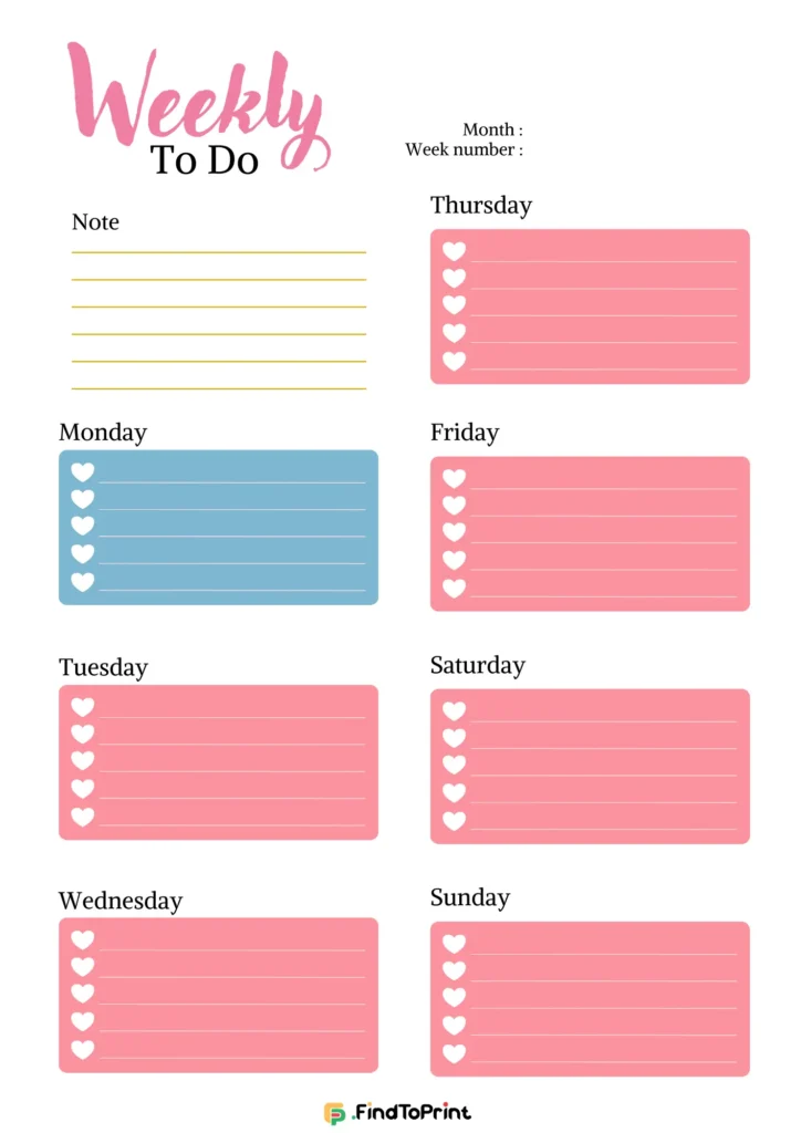 Weekly to-do list template featuring sections for each day of the week with pink and blue boxes adorned with heart icons for task lists. Includes a note section at the top left and fields to fill in the month and week number. Ideal for organizing weekly tasks in a visually appealing format.