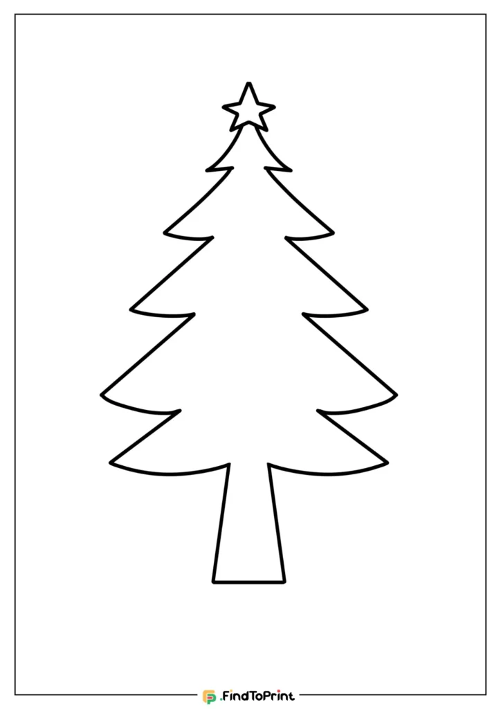 A simple outline of a Christmas tree with layered branches and a star on top, designed for coloring activities.