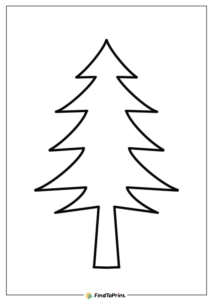 A printable outline of a Christmas tree with an uncomplicated, symmetrical design and clean lines.