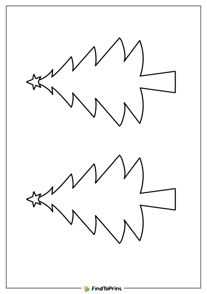 A printable Christmas tree template displaying two identical tree outlines, each with a star on top and geometric branch shapes.