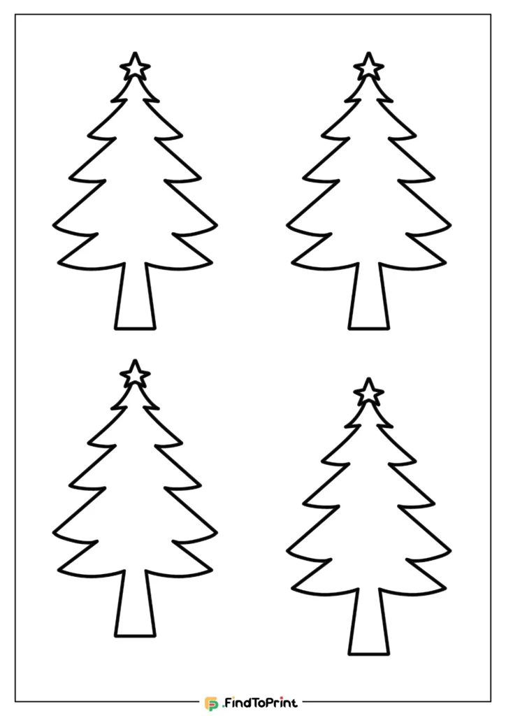 Four outlined Christmas trees with stars at the top, arranged in a grid format, ideal for use as a free printable coloring sheet.