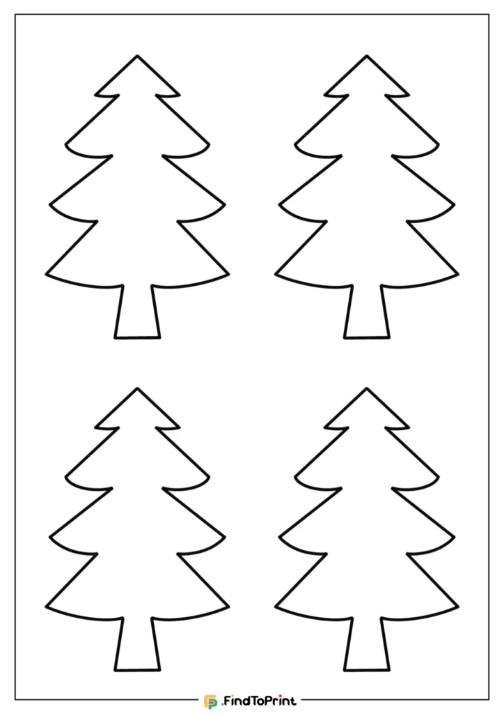 A printable sheet featuring four identical outline drawings of Christmas trees with tiered branches, arranged in a 2x2 grid on a white background.