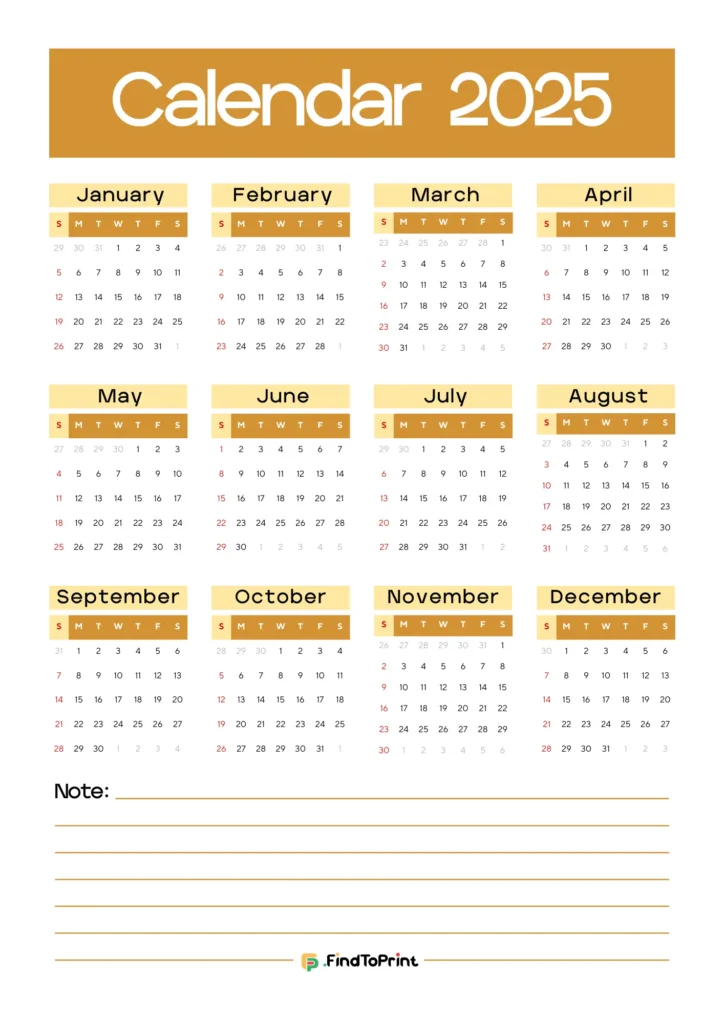 A printable 2025 calendar featuring all 12 months organized in a grid format. Each month is displayed in a golden-yellow header with Sundays highlighted in red.