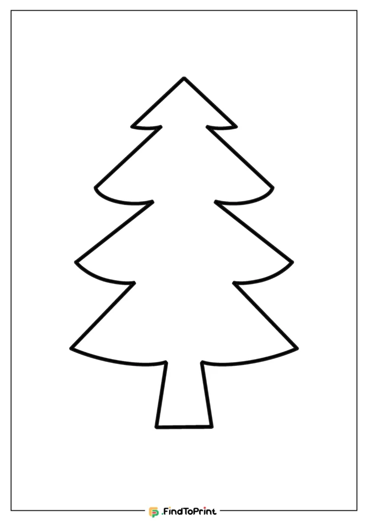 A simple black-and-white outline of a Christmas tree with tiered triangular branches and a rectangular trunk, designed for free printable coloring.