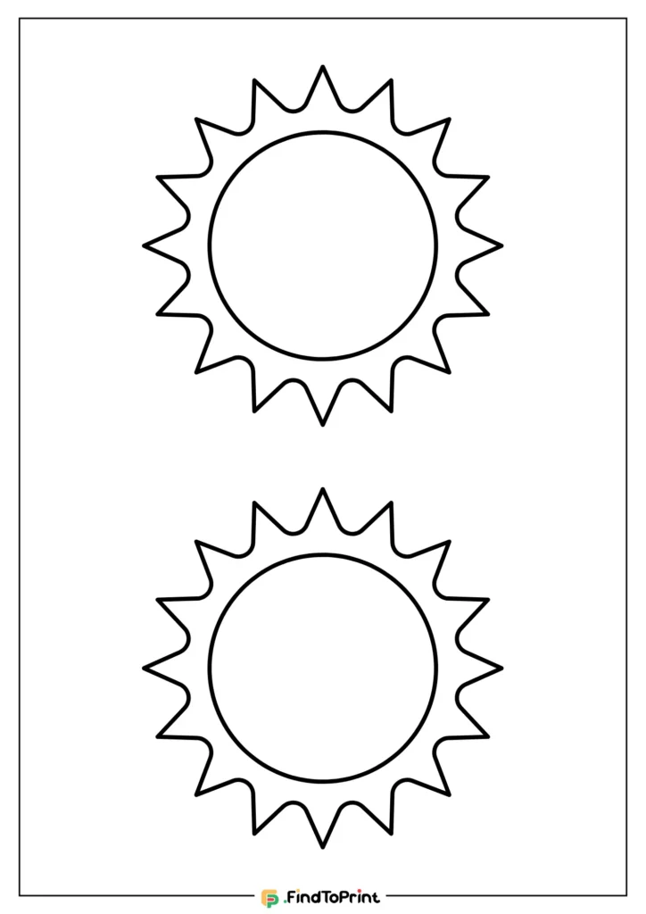 A free printable featuring two outlined sun designs with symmetrical jagged rays and bold circular cores, stacked vertically for easy use in creative projects.