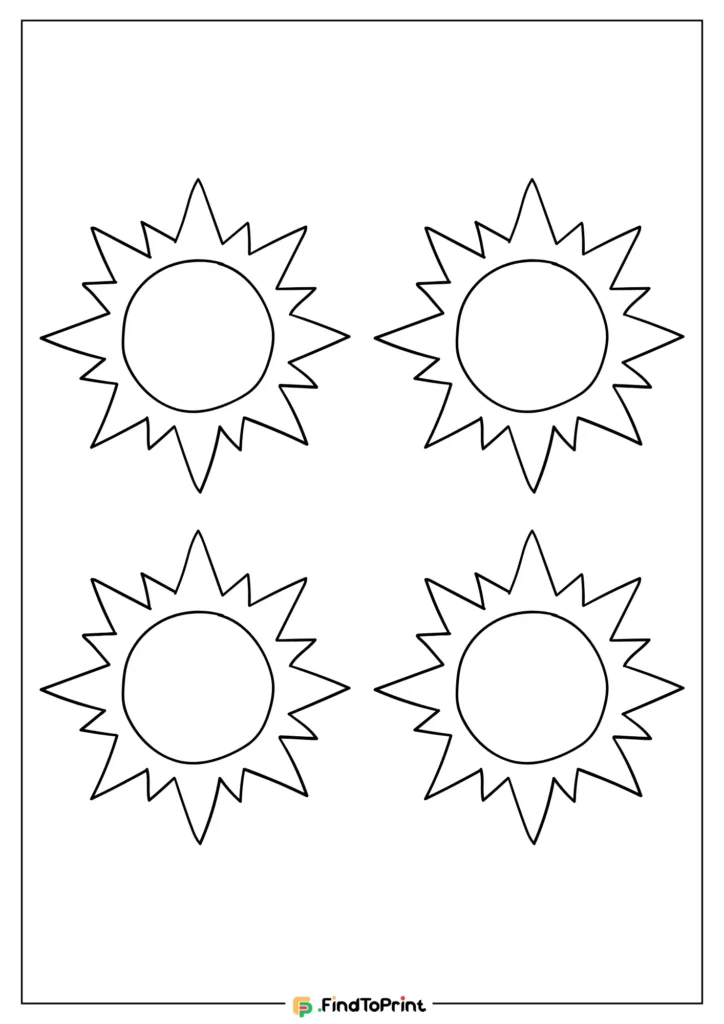 A free printable sun template featuring four identical outlined suns with circular centers and pointed triangular rays, arranged in a two-by-two grid on a plain white background.