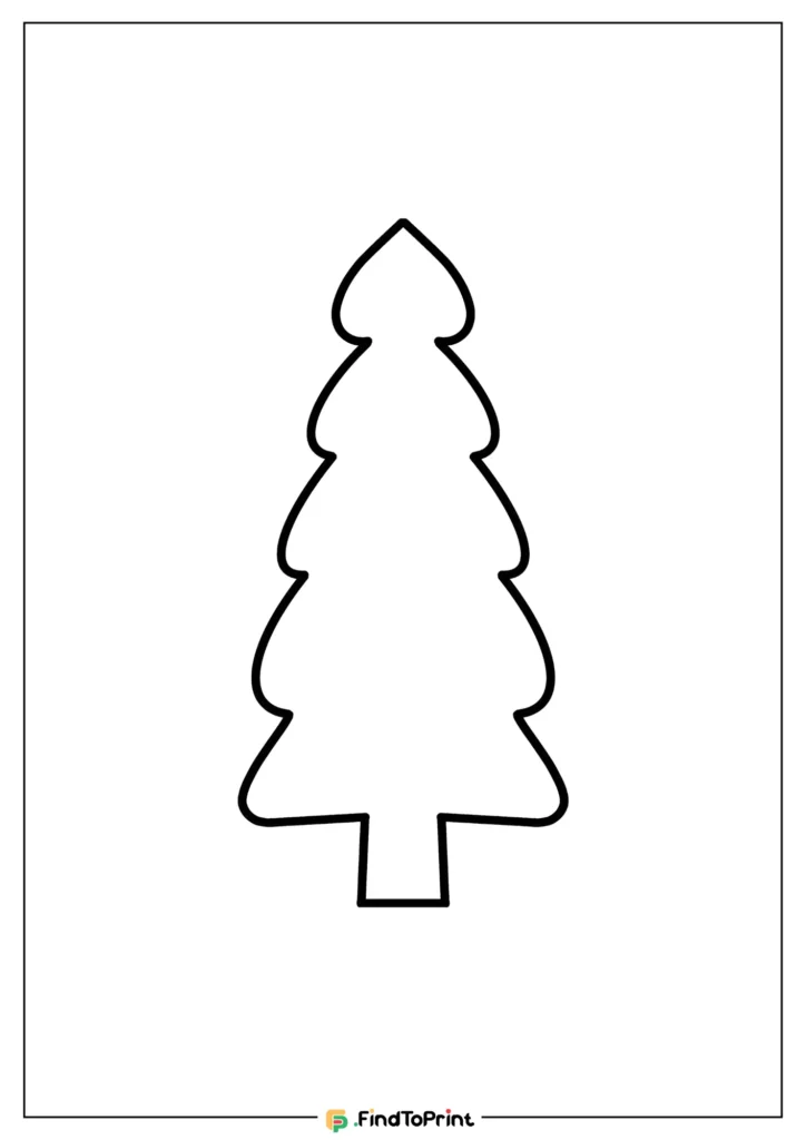 A printable Christmas tree template with a unique design of curved tiers forming the tree’s silhouette and a small trunk.