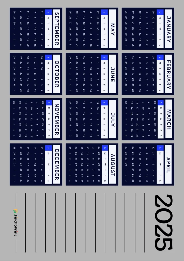 A one-page free printable 2025 calendar with a contemporary navy and white design.