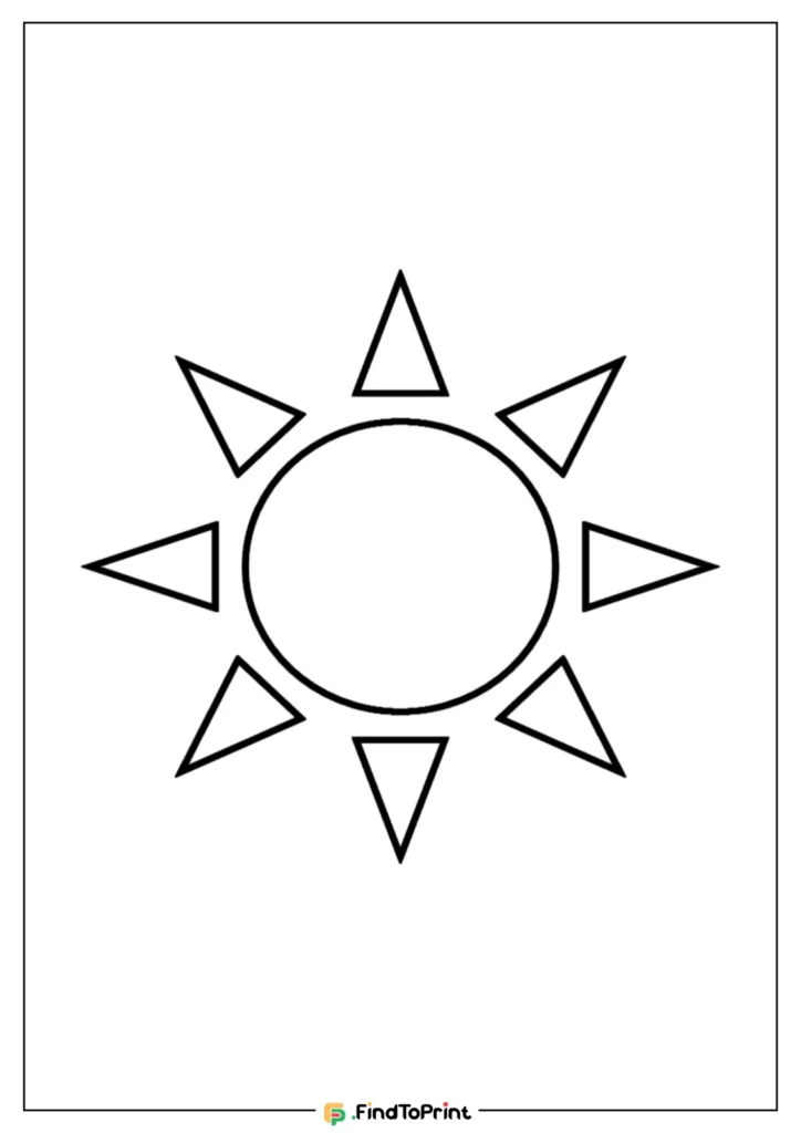 Minimalistic large sun template to print, showing a circle with six pointed triangular rays in a symmetrical pattern, designed for crafting or coloring.