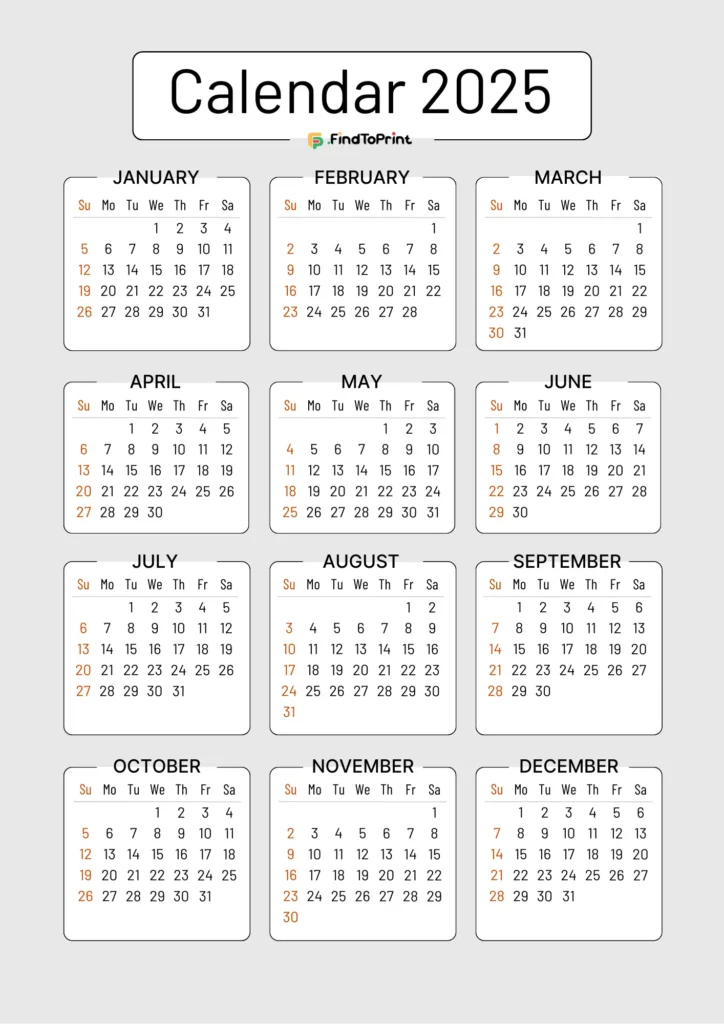 A clean and modern printable calendar for 2025, displaying all 12 months in a grid layout.