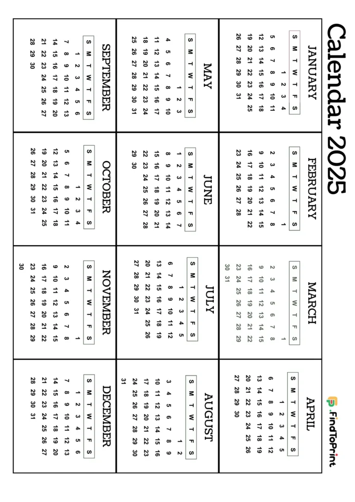 A black-and-white one-page printable 2025 calendar with all 12 months arranged in a compact grid format.