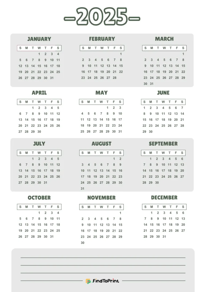 A simple and elegant printable 2025 calendar with a green and gray theme. 