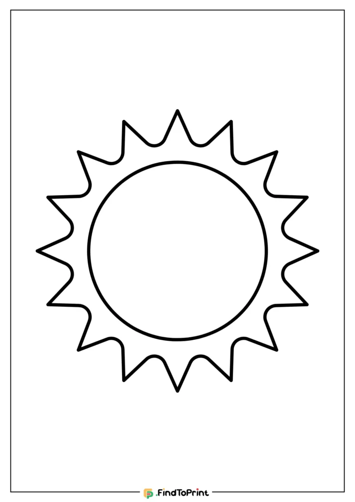 A clean and minimalistic sun design on a printable coloring page, featuring a round core and sharp, jagged rays radiating outward, ideal for art projects.