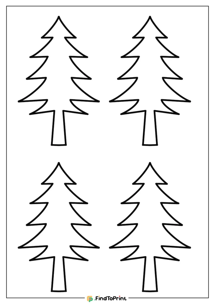 A printable Christmas tree coloring sheet featuring four simple, small trees with pointed branches, designed for crafting or decoration projects.