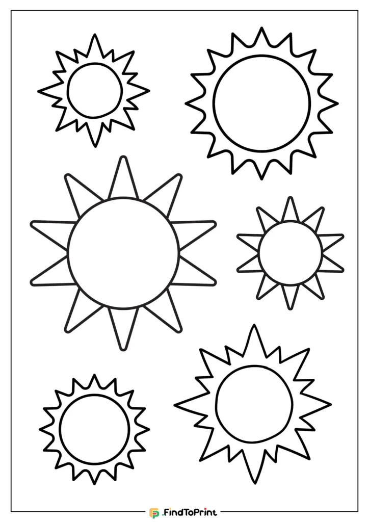 A printable sun pattern featuring multiple outlined suns of varying sizes with circular centers and pointed rays, arranged on a plain white background.