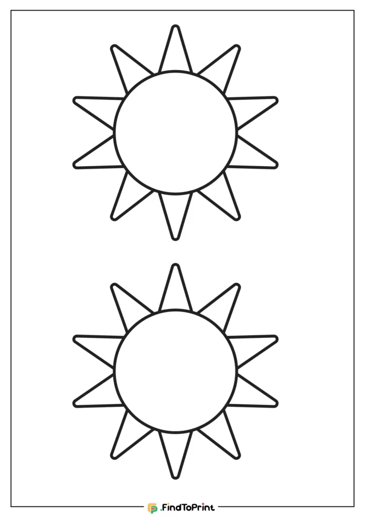 Simple sun template to print with two identical outlined sun designs, each having a circular center and ten triangular rays, arranged vertically.