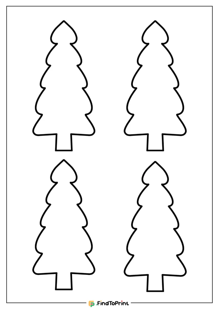 A printable tree coloring sheet displaying four rounded tree designs, ideal for use in creative projects or holiday decorations.