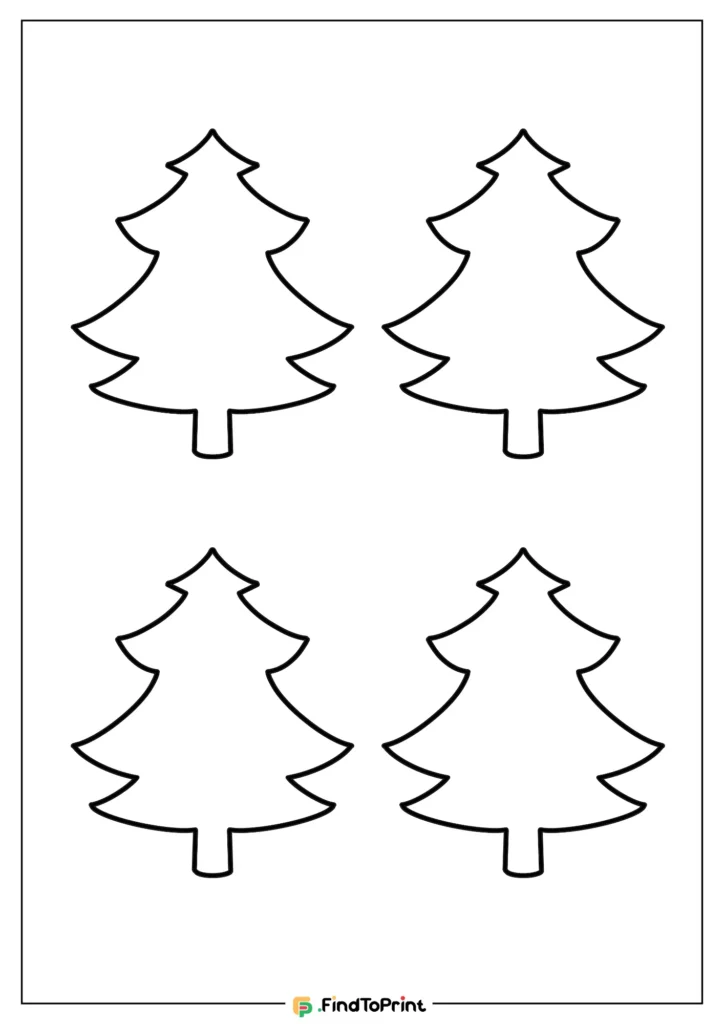 Four minimalist tree templates arranged evenly on a blank page, each with tiered, rounded branches and a flat trunk, perfect for crafting.