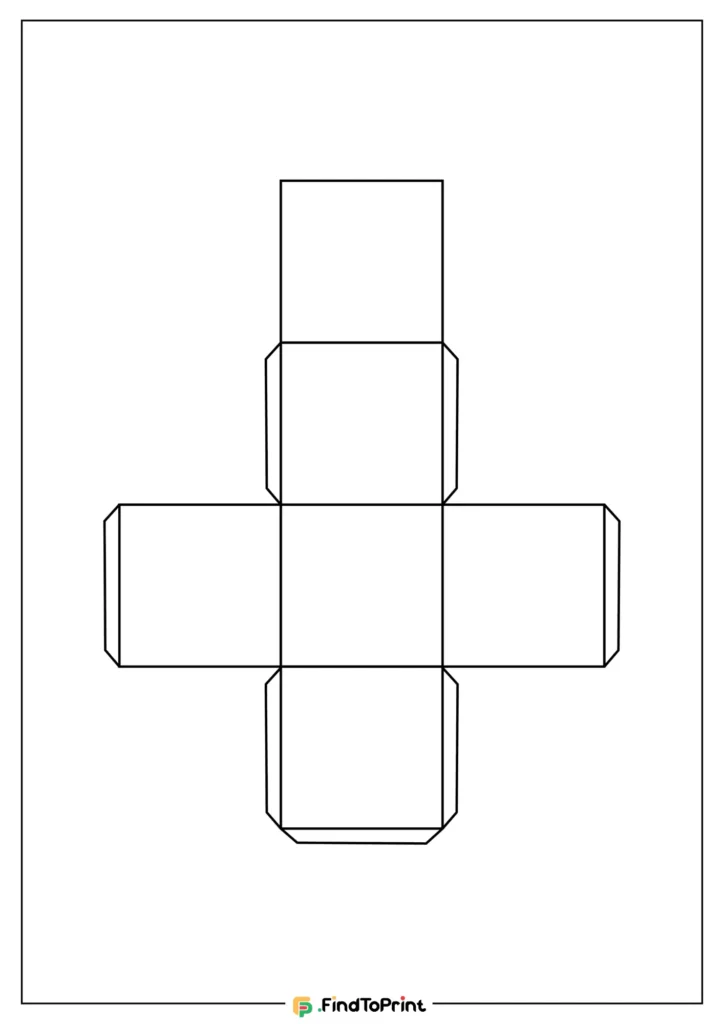 A printable blank dice template featuring a cross-shaped layout with six squares, including flaps for folding and gluing. 