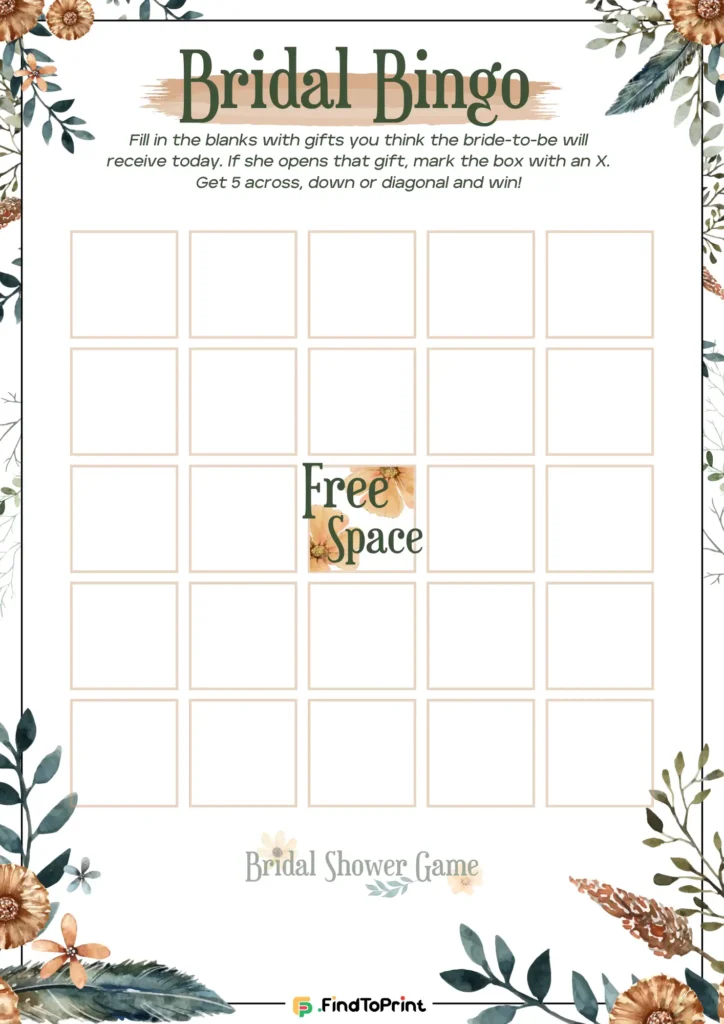 Bridal Bingo' game sheet with a soft floral design, including a blank grid and a free space in the center.