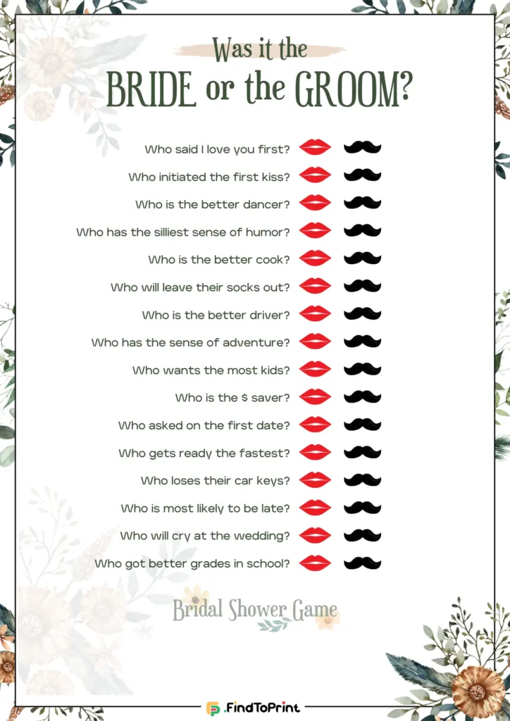 Bridal shower trivia game, framed with pastel floral decorations, asking lighthearted questions about the bride and groom.