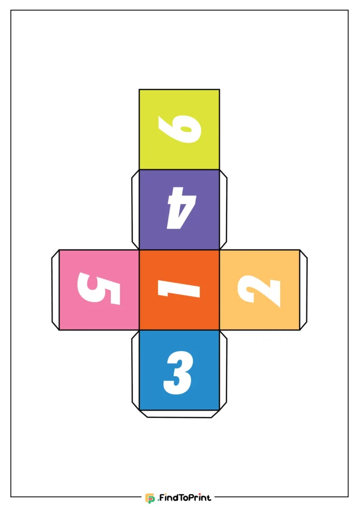 Printable dice template with six numbered squares in a cross pattern, each in a different vibrant color: orange, yellow, purple, pink, blue, and peach.