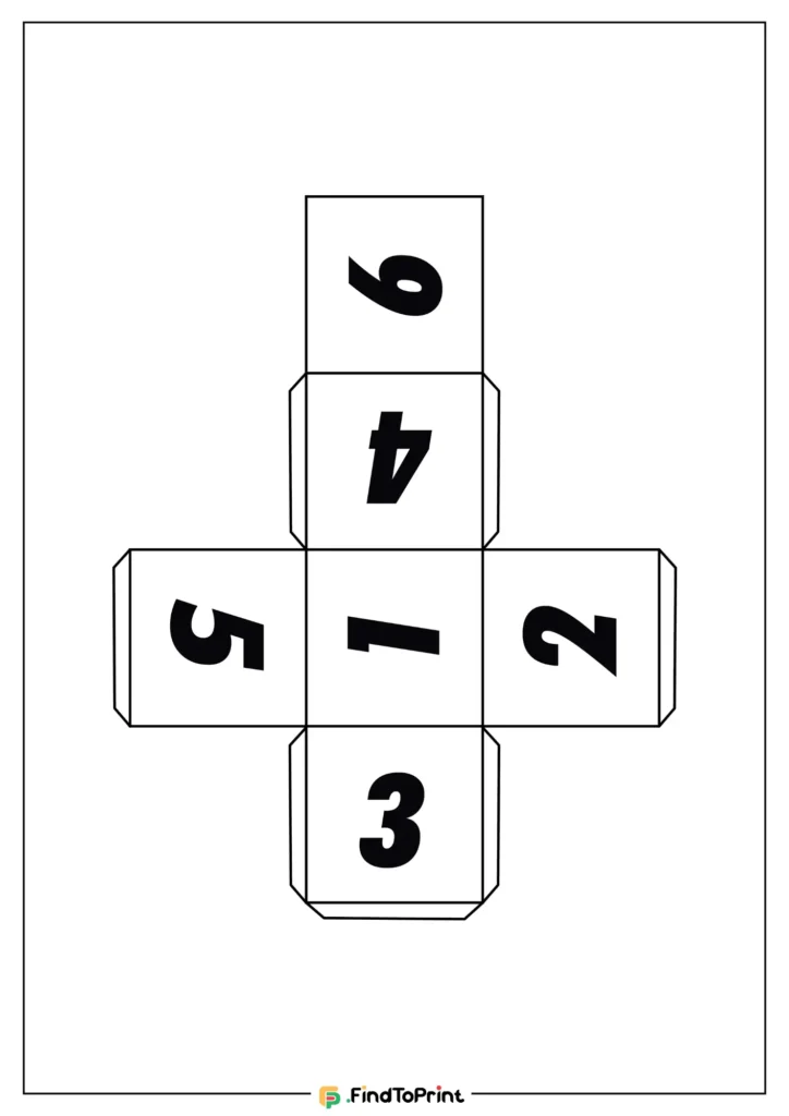 A minimalist DIY dice template with large, bold numbers 1 through 6 on six connected squares in a cross shape.