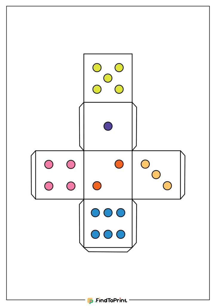 A colorful dice net for printing and cutting, showing six numbered faces: purple dot for 1, peach dots for 2, blue dots for 3, orange dots for 4, pink dots for 5, and yellow dots for 6.