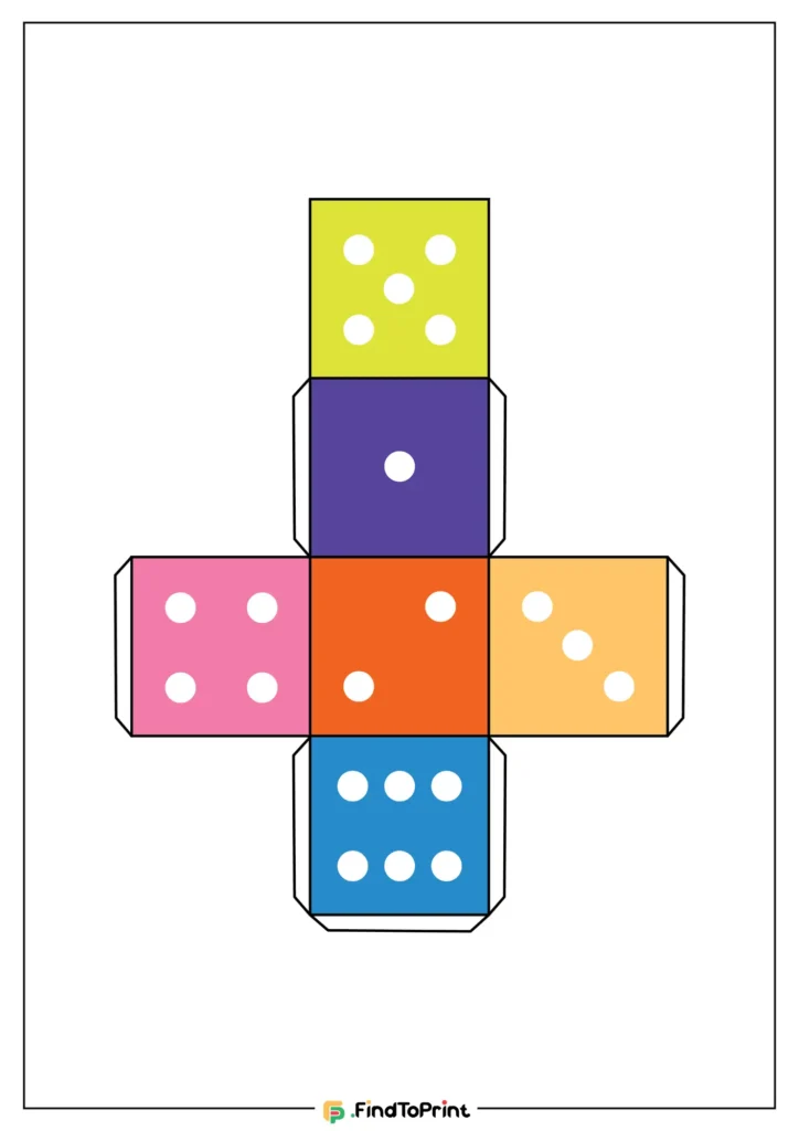 A free printable template for making a colorful dice.