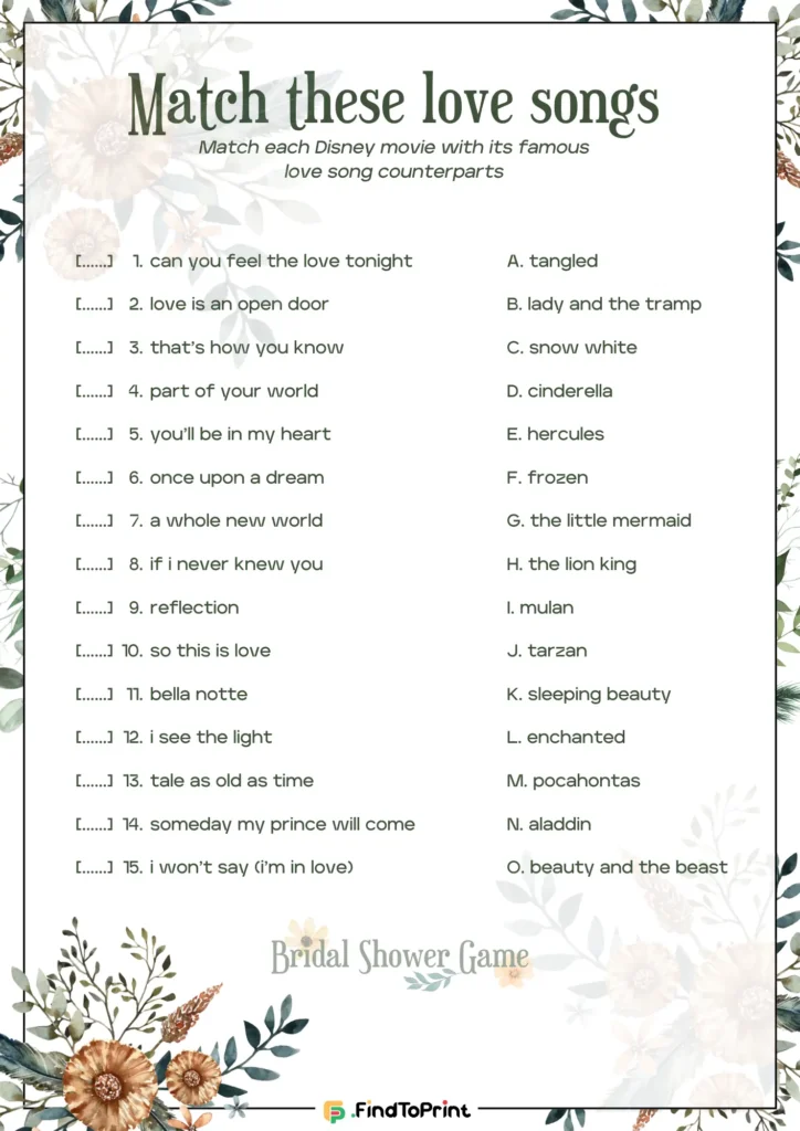 Printable bridal shower game titled 'Match These Love Songs,' decorated with soft floral designs.