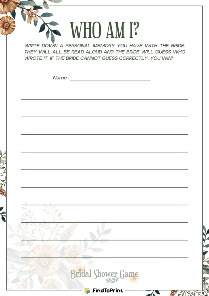 Printable bridal shower game titled 'Who Am I?' surrounded by floral accents.