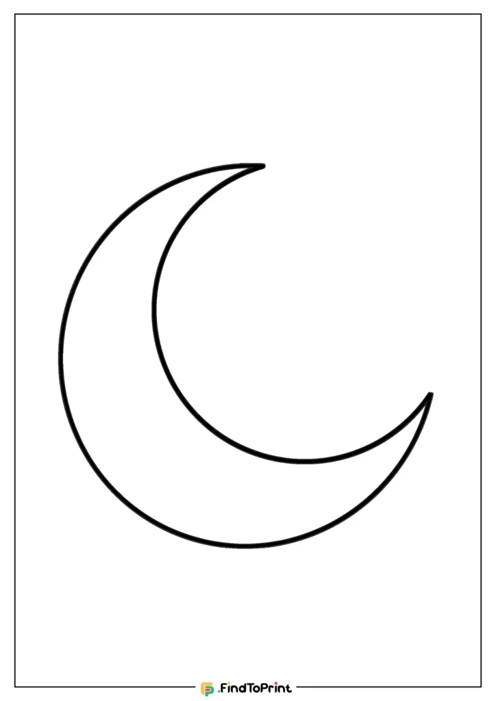 A simple black outline of a crescent moon against a white background, designed for coloring or tracing.