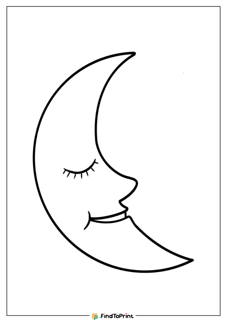 A crescent moon illustration featuring a serene face with closed eyes and a smile, drawn in black outline on a plain white background.