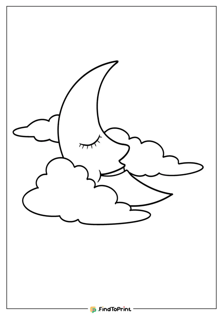 A crescent moon with a serene face, including closed eyes and a smile, surrounded by fluffy clouds, outlined in black on a white background with a thin border.