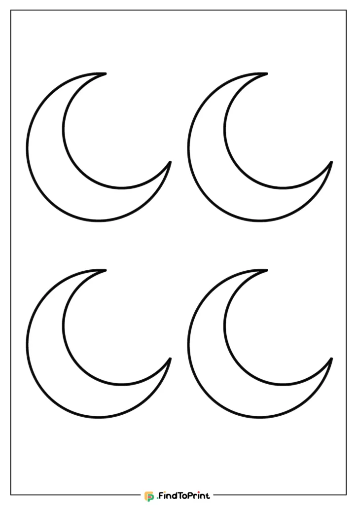 Black outlined crescent moon design showing four identical shapes organized in two rows of two on a blank white page.