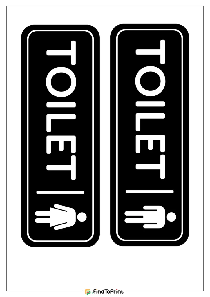 Printable bathroom signs with a black background and bold white text reading 'TOILET' vertically.