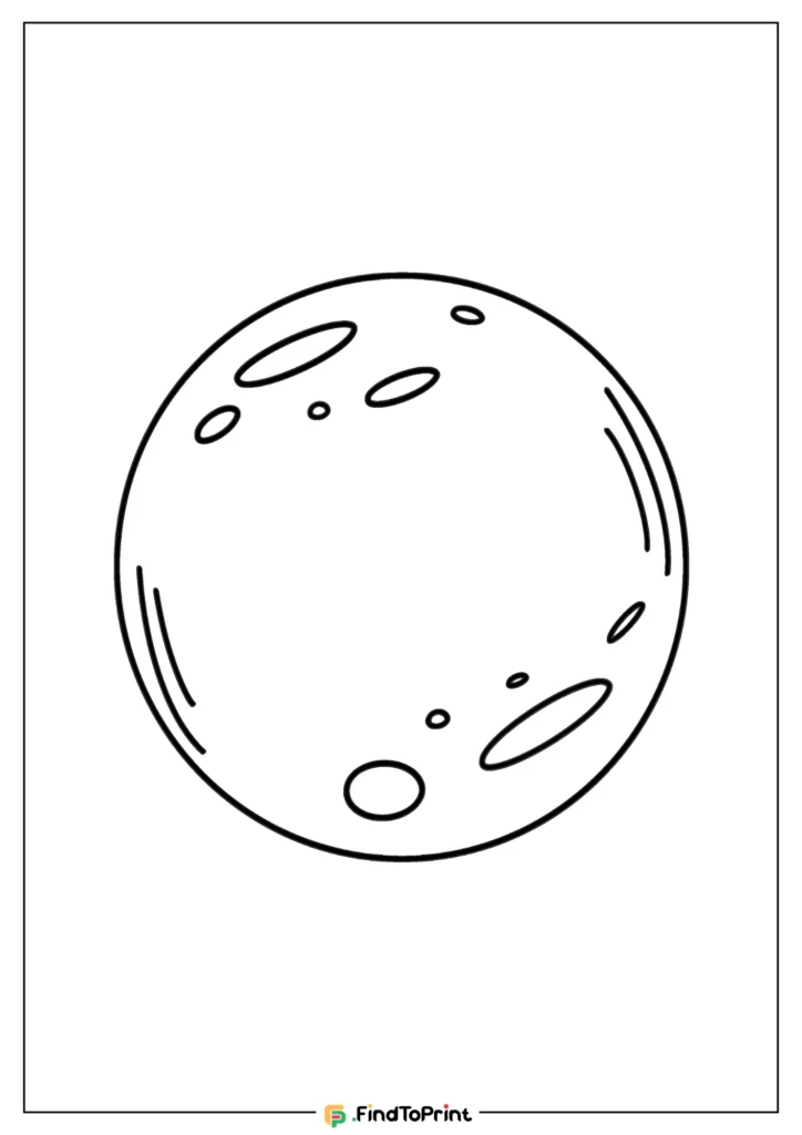 Free printable design of a full moon, outlined in black with ovals and curved lines representing craters, centered on a white page.