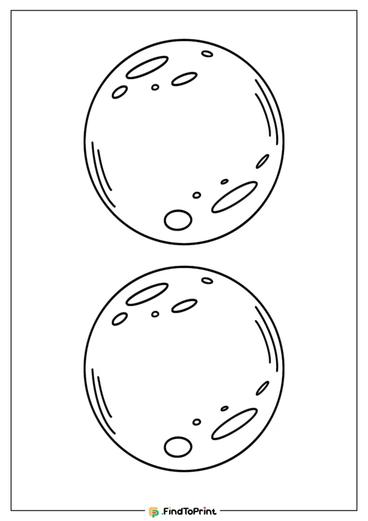 A printable template featuring two full moons with black outlined craters and surface details, arranged vertically on a white background with a thin border.