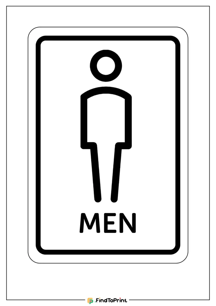 A minimalist men's bathroom sign with a black outline of a male figure above the word 'MEN,' all enclosed in a rectangular black border on a white background.