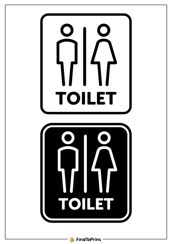 Printable bathroom signs with a minimalist design. Each sign shows male and female figures separated by a line and the word 'TOILET' beneath.