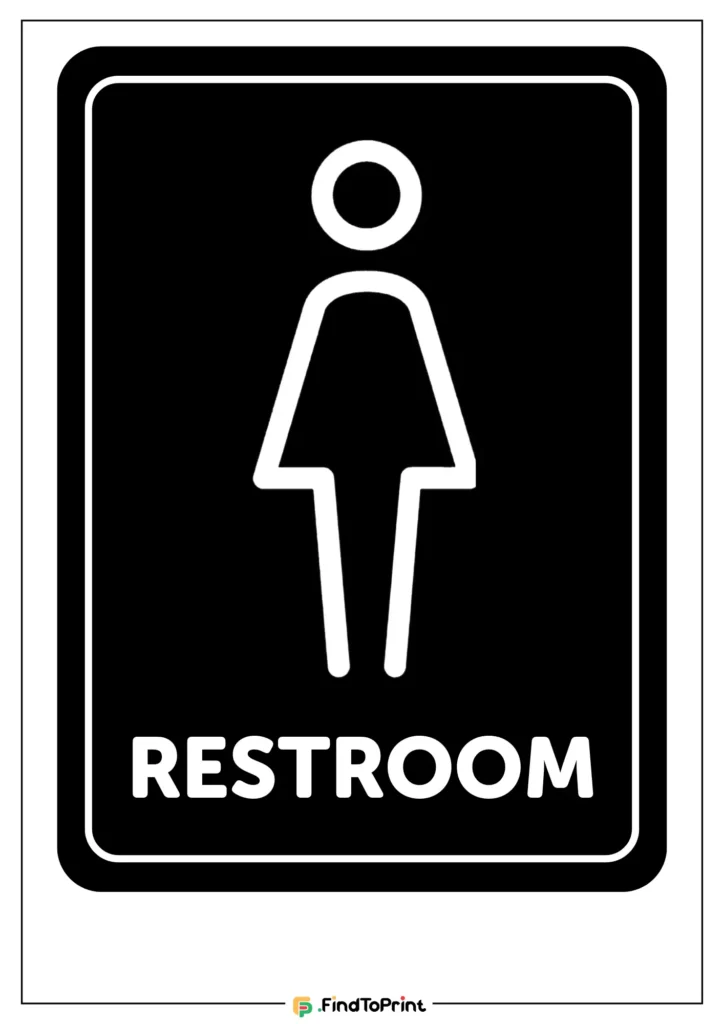 Black rectangular women's restroom sign featuring a white outline of a female figure.