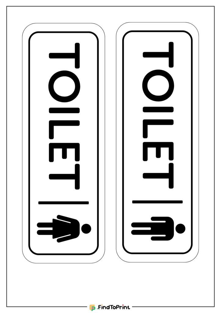 Two vertical rectangular toilet signs, one with a female figure and the other with a male figure.